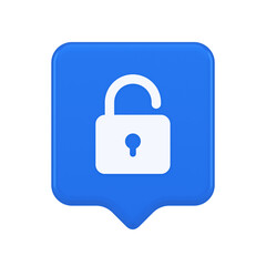 Open lock button cyberspace password security protection service 3d realistic speech bubble icon