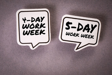 4-day and 5-day work week concept. Speech bubbles with text on a gray background