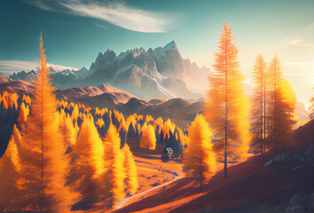 Autumn landscape in the Alps. High mountains. Dolomites. Forest with orange trees. Generative AI Art. - obrazy, fototapety, plakaty