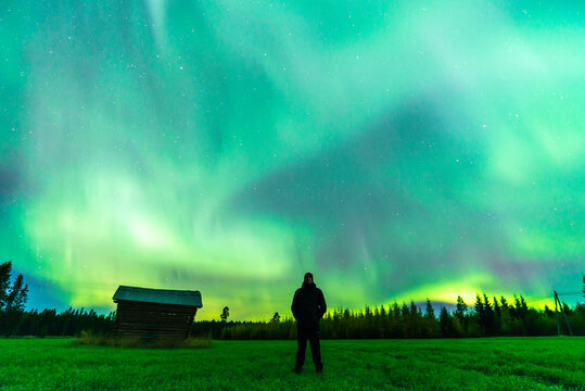Man standing on a field looking at the northern lights. Österbotten/Pohjanmaa, FInland