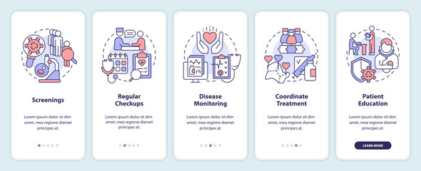 Chronic disease management approach onboarding mobile app screen. Walkthrough 5 steps editable graphic instructions with linear concepts. UI, UX, GUI template. Myriad Pro-Bold, Regular fonts used