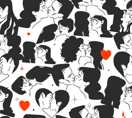 Hand drawn vector abstract graphic illustration Valentines day, drawing kissing couple seamless pattern in hearts.Love couple kissing together.Valentines lgbt design concept.Lgbt couple concept.