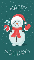 Fototapeta na wymiar holiday; snowman; happy; scene; snow; winter; text; background; vector; cartoon; man; clipart; cute; illustration; hat; card; type; snowflake; celebration; greeting; lettering; postcard; smile; year; 