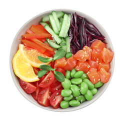 Poke bowl with salmon, edamame beans and vegetables isolated on white, top view