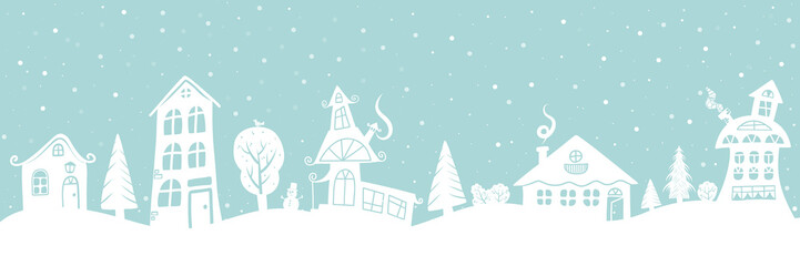 Parallax Christmas background. Fairy tale cartoon winter landscape. Seamless border. White houses and fir trees on a light blue background. Winter village. Vector illustration