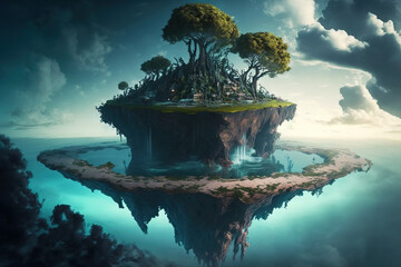 sky fantasy island, floating island with pools and trees, fairy tale, art illustration