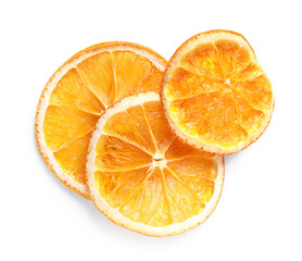 Delicious dry orange slices on white background, top view