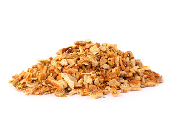Pile of dried orange zest seasoning isolated on white