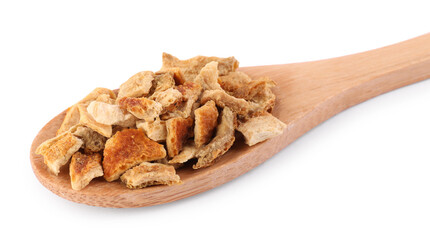 Spoon with dried orange zest seasoning isolated on white