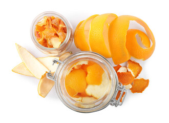Different dry orange peels isolated on white, top view