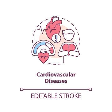 Cardiovascular diseases concept icon. Heart stroke. Chronic conditions major group abstract idea thin line illustration. Isolated outline drawing. Editable stroke. Arial, Myriad Pro-Bold fonts used
