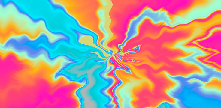 Holographic trippy background with colorful rainbow stains and leaks. 