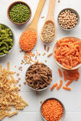 A variety of fusilli pasta from different types of legumes. Gluten-free pasta.
