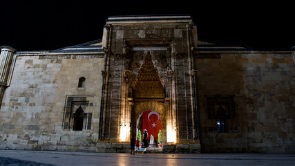 Fototapeta premium Sivas, TURKEY - 08 15, 2022: Sivas Hatuniye Madrasa. Historical Seljuk artifact. Today it is used as a social space.