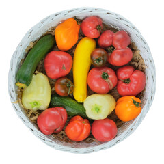 Various farming tomatoes and peppers in box isolated on a white background. Vegetable in shop.