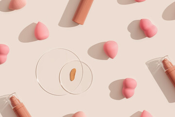 Makeup liquid foundation nude cream cosmetic bottle, cosmetic swatches on glass disk, beauty...