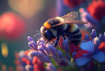 Fototapeta A bumble bee gathering nectar from colorful flowers. Generative AI obraz