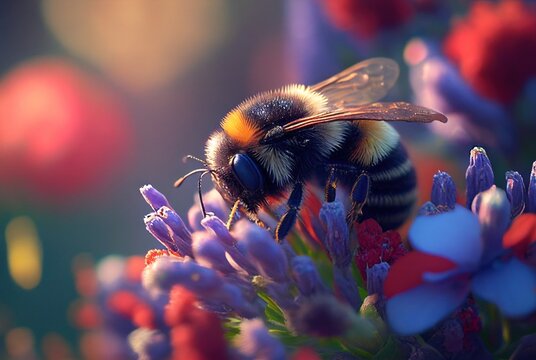 A bumble bee gathering nectar from colorful flowers. Generative AI