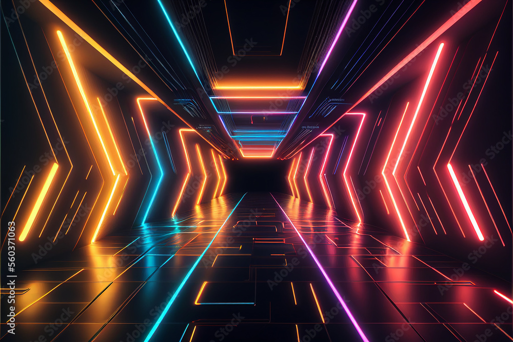 Poster futuristic background with neon lights in tunnel. abstract virtual reality background with glowing l