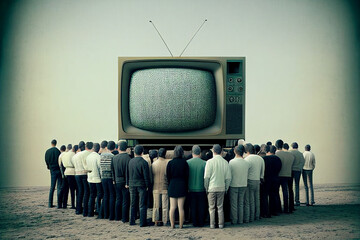 People crowd watching TV on dark background. TV addiction, propaganda and fake news concept. Created with Generative AI - obrazy, fototapety, plakaty