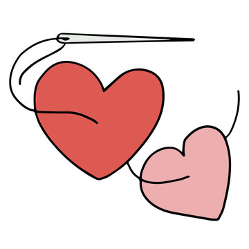Heart stitching needle cartoon doodle for valentine's day. love support logo or illustration to make the relationship good and intimate. develop relationships.