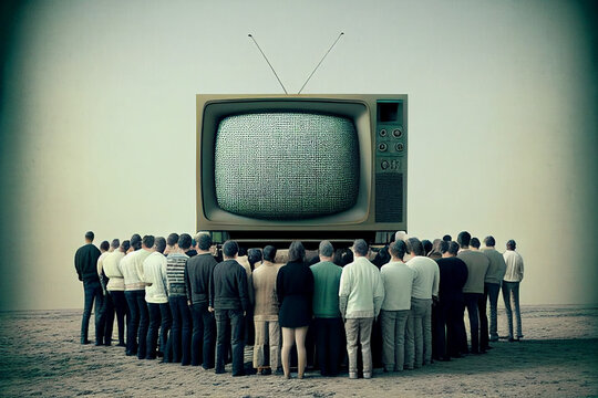 People crowd watching TV on dark background. TV addiction, propaganda and fake news concept. Created with Generative AI