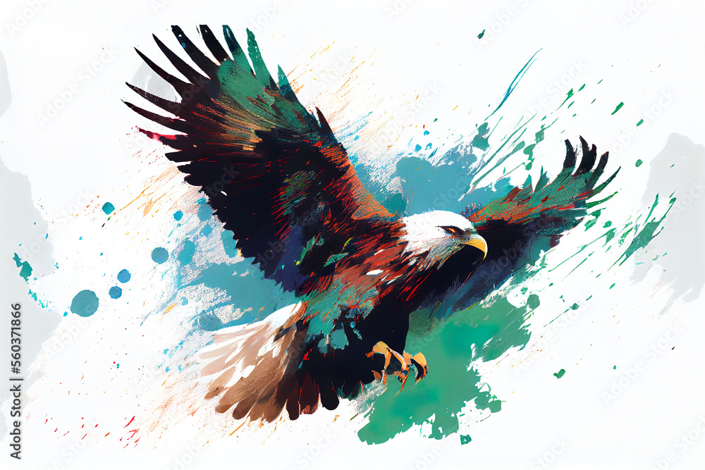 Poster angry flying eagle on white background. watercolour brush strokes artistic technique. digitally gene