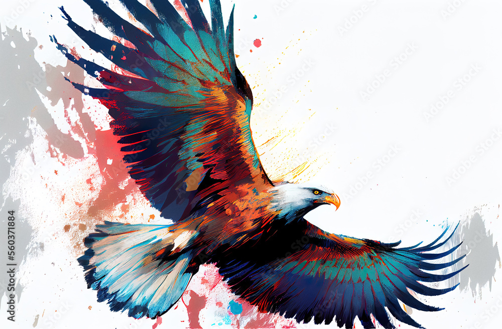 Poster angry flying eagle on white background. watercolour brush strokes artistic technique. digitally gene