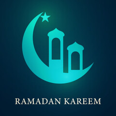 Shiny blue light moon, star and dome on dark blue background with Ramadan Kareem for Muslim community festival Ramadan Kareem.