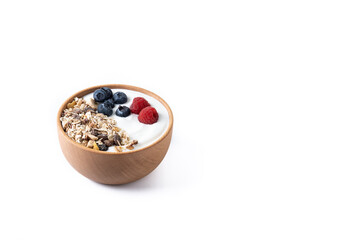 Fototapeta na wymiar Yogurt with berries and muesli for breakfast in bowl isolated on white background. Copy space