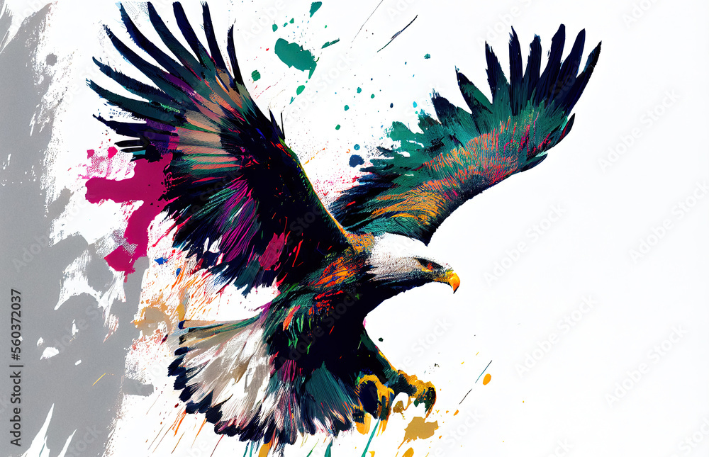 Poster angry flying eagle on white background. watercolour brush strokes artistic technique. digitally gene
