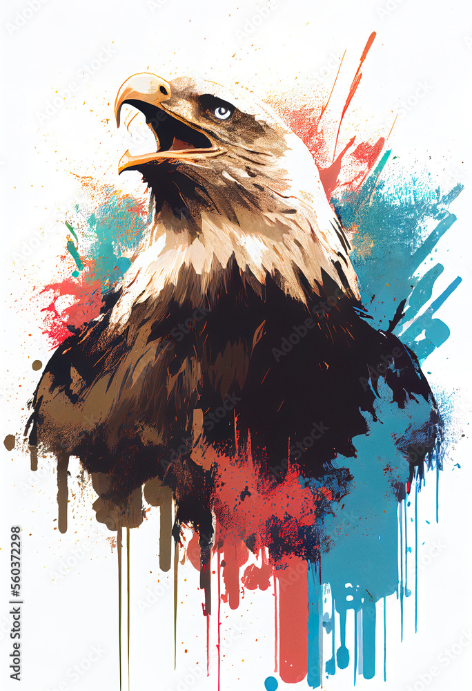 Poster angry shouting eagle close-up on white background. watercolour brush strokes artistic technique. dig