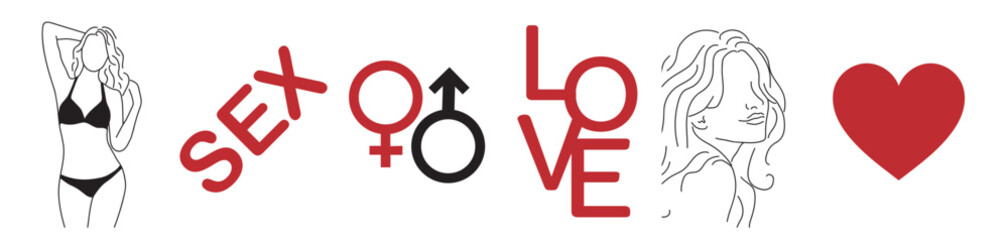 Collection of simple minimalistic sexy silhouettes of women in black lingerie, venus and mars sign, red text: love and sex on white background with heart