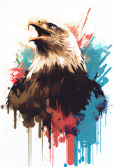 Angry shouting eagle close-up on white background. Watercolour brush strokes artistic technique.  
Digitally generated AI image.
