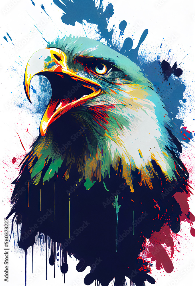 Poster angry shouting eagle close-up on white background. watercolour brush strokes artistic technique. dig