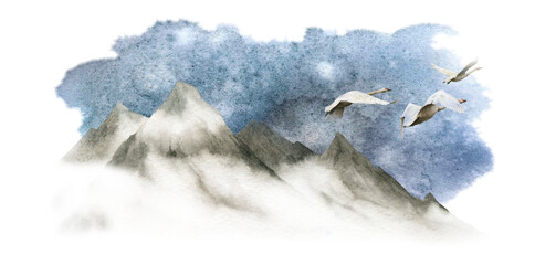 Foggy mountains and flying birds against the starry sky hand drawn in watercolor isolated on a white background. Watercolor illustration. 