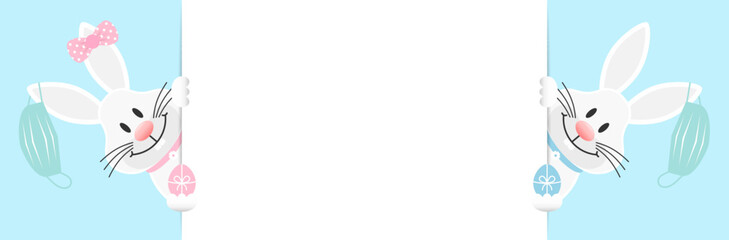 2 Weiße Osterhasen Mädchen & Junge Maske Am Ohr Ostereier Banner Außen Himmel