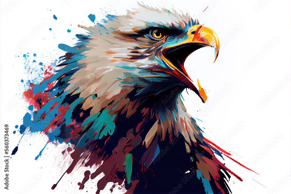Poster Angry shouting eagle close-up on white background. Watercolour brush strokes artistic technique.  
Digitally generated AI image.