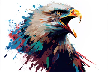 Foto op Canvas Angry shouting eagle close-up on white background. Watercolour brush strokes artistic technique.   Digitally generated AI image. © 0livia