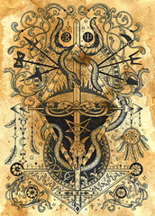 Mystic styled illustration with occult, esoteric and gothic symbols, snake and pentagram against textured background, Halloween concept