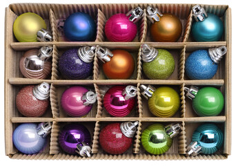 Colorful Christmas decoration balls set kit in cardboard box, isolated