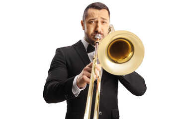 Portrait of a male musician playing a trombone