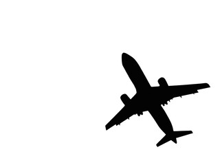 Silhouette of a passenger jet flying overhead on a plain white background. Copy space. No people.