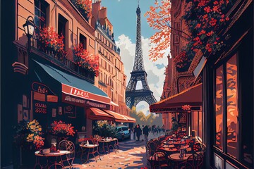 beautiful paint by number of cafe in Paris with the Eiffel tower . Ai generative - obrazy, fototapety, plakaty