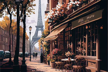 Fotobehang beautiful paint by number of cafe in Paris with the Eiffel tower . Ai generative © ZoomTeam
