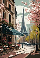 beautiful paint by number of cafe in Paris with the Eiffel tower . Ai generative - obrazy, fototapety, plakaty