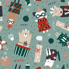 Holiday winter pattern with cartoon festive cartoon animals, gift boxes, christmas decorations, party hats, Seamless xmas texture.Vector illustration
