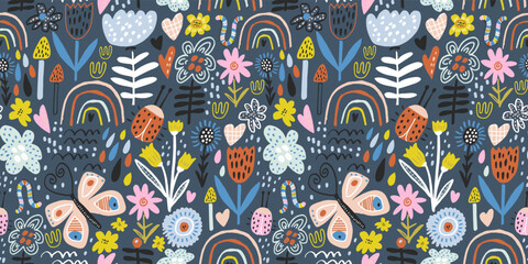 Seamless hight detailed botanical pattern with rainbows, mushrooms, bugs, butterfly, flowers, leaves. Floral texture for fabric, textile, digital papers. Vector illustration © solodkayamari
