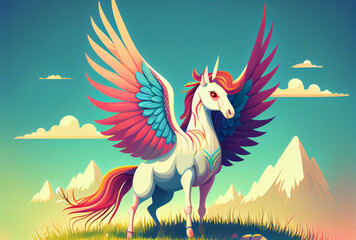 Cartoon unicorn with rainbow wings on the top of mountain background. Generative AI