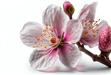 Closeup of White Cherry Blossom flower on white background. Digital art. Generative AI